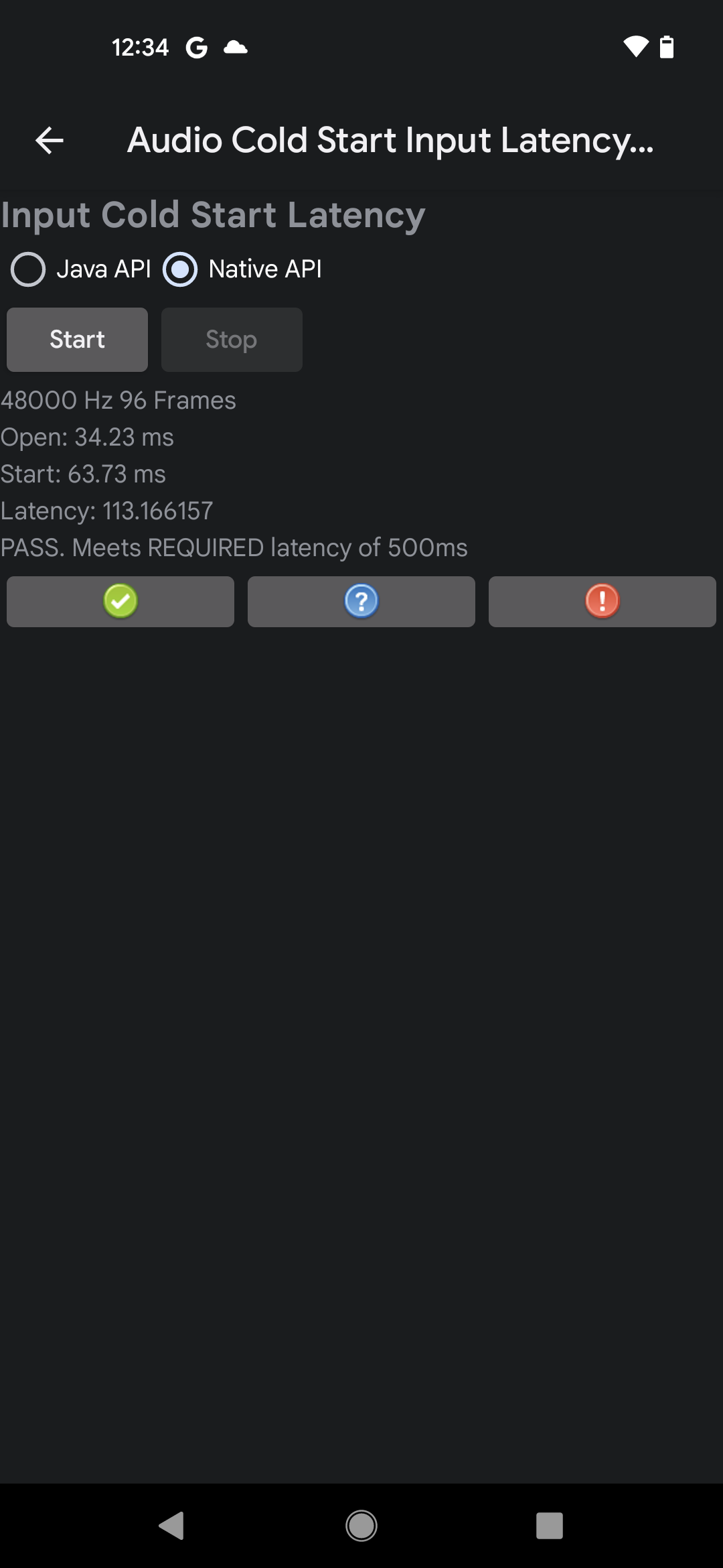 Exemple de résultats de test sur l&#39;API Native