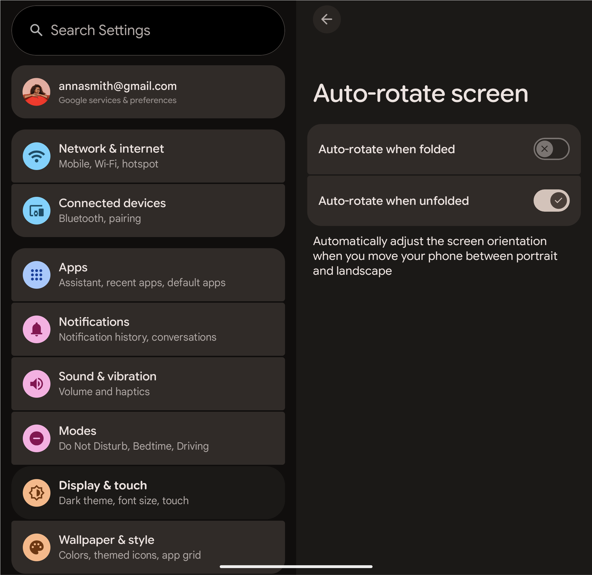 Page des paramètres de rotation automatique en fonction de l'état de l'appareil