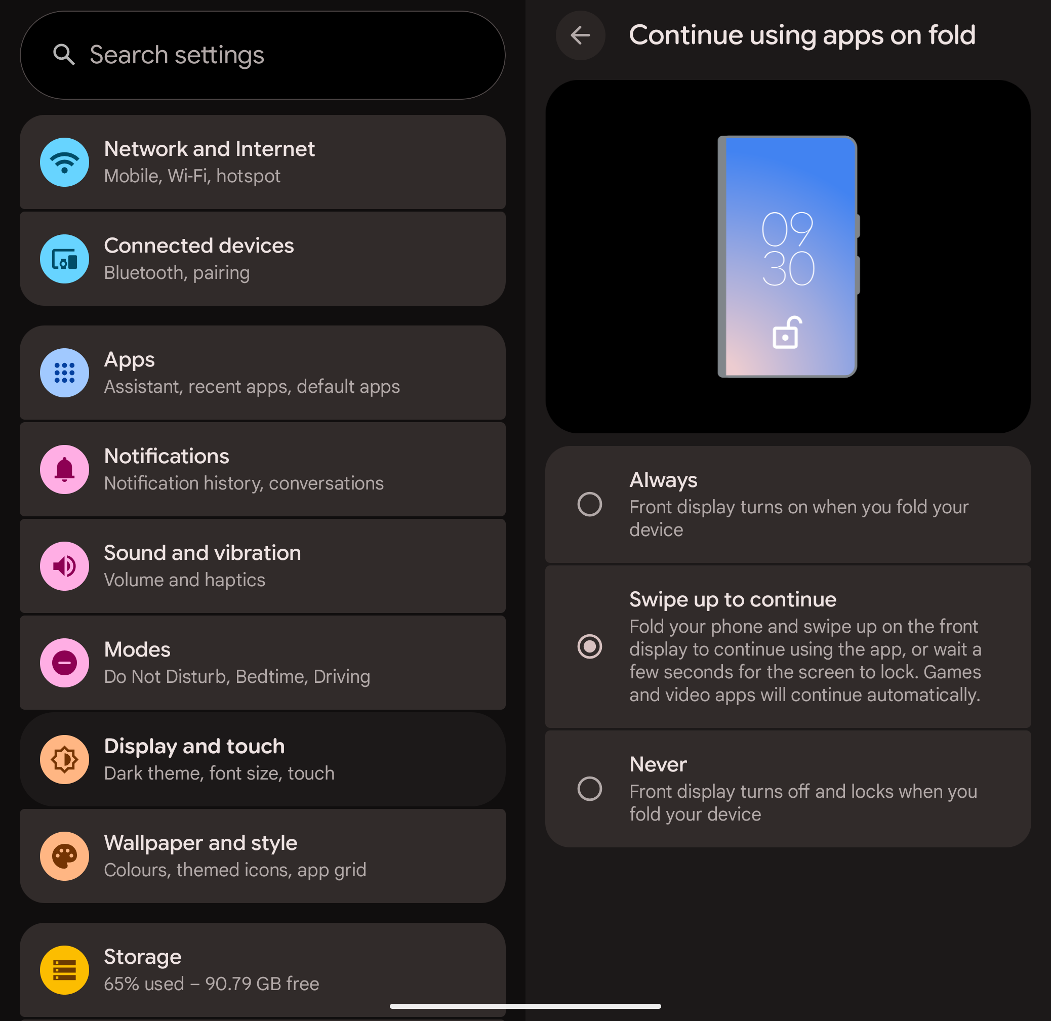 Página de configuração de comportamento de bloqueio de dobra