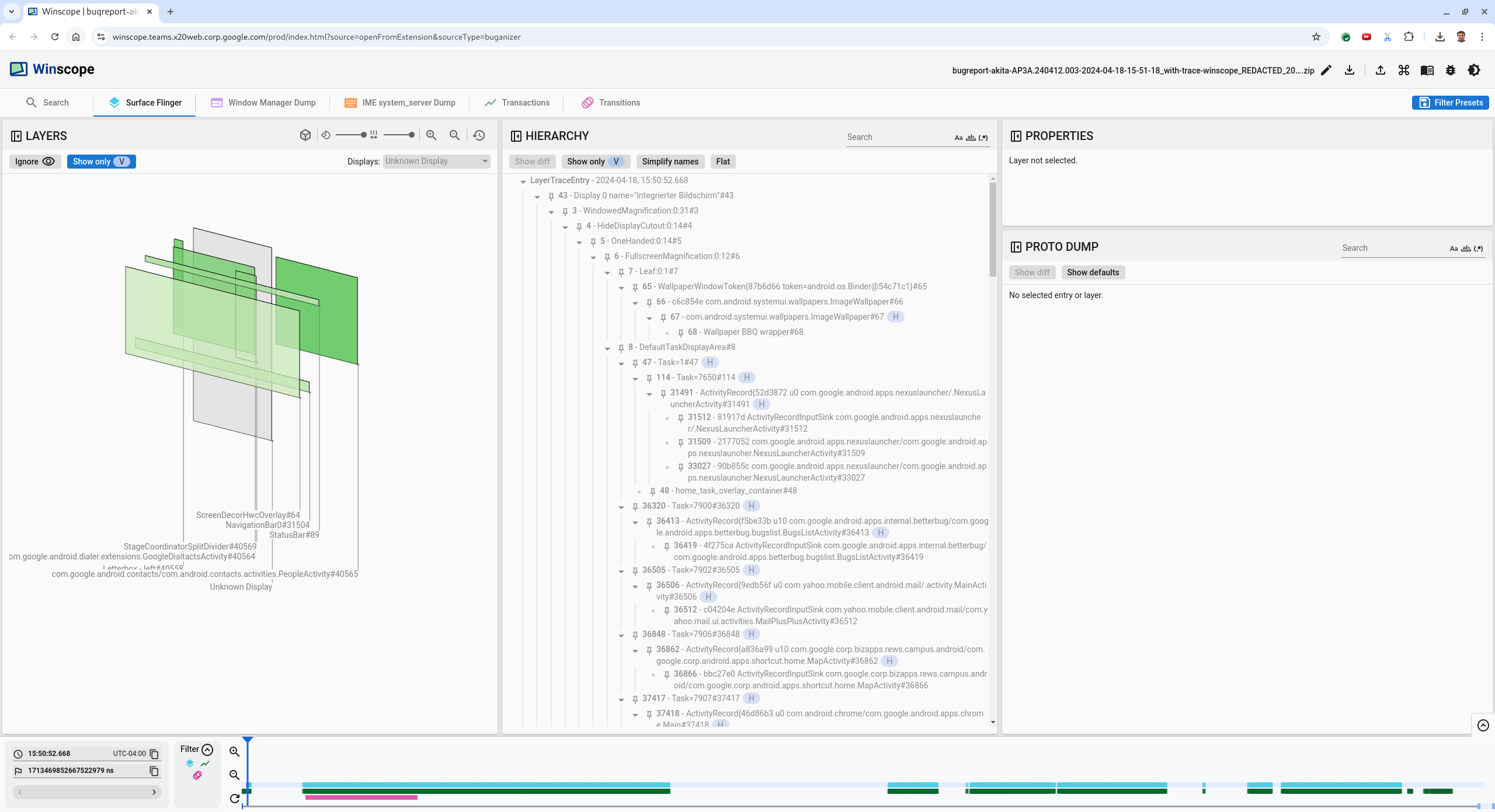 Winscope-Landingpage mit SurfaceFlinger-Ansicht