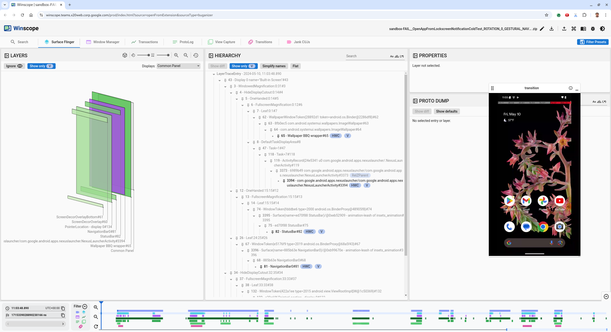 SurfaceFlinger ビューが表示された Winscope のランディング ページ