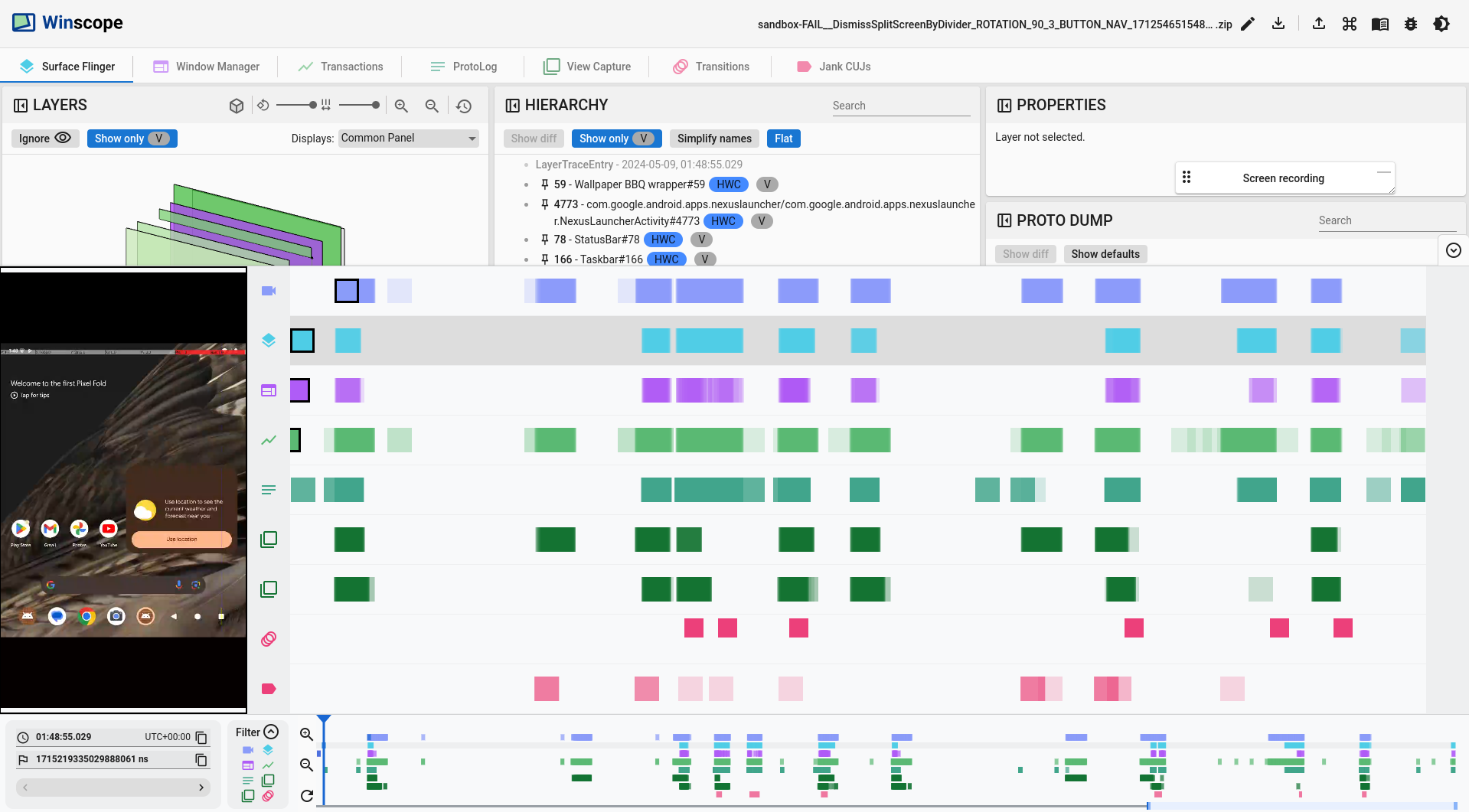 Widok rozwiniętej osi czasu pokazujący wszystkie ślady