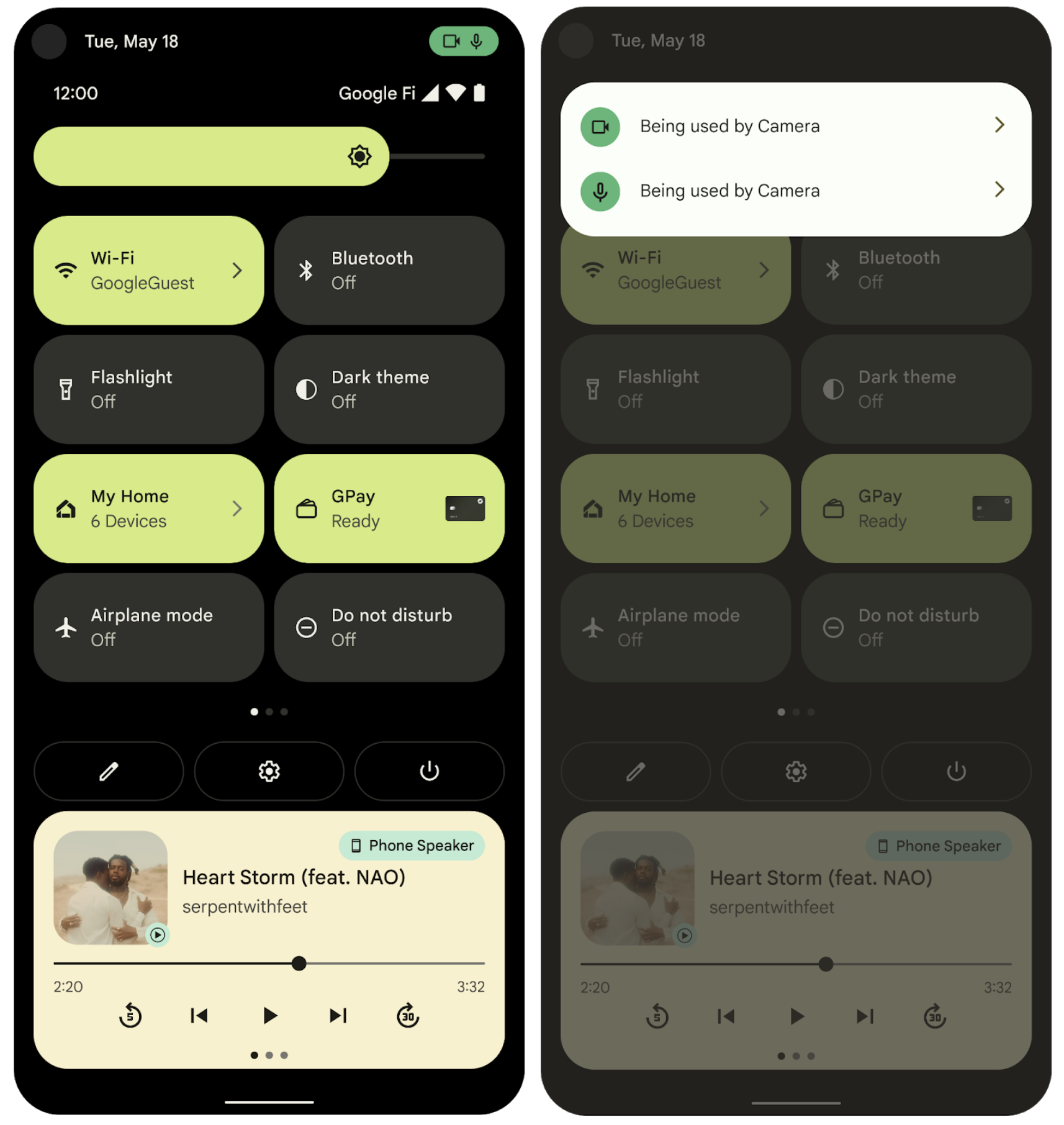 ऐक्टिव और हाल ही में ऐक्सेस किए गए कैमरे या माइक्रोफ़ोन के इंडिकेटर