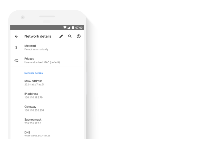 شاشة تعرض ما إذا كان معرّف الجهاز يستخدم عنوان MAC عشوائيًا للحفاظ على الخصوصية