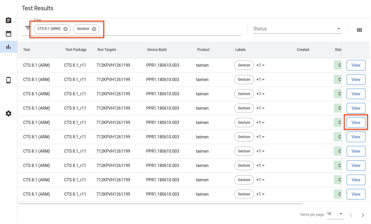 Test çalıştırması listesi