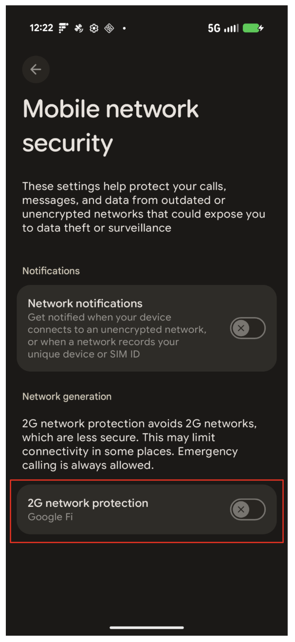 ปุ่มเปิด/ปิด 2G ในส่วนการรักษาความปลอดภัยของเครือข่ายมือถือ
