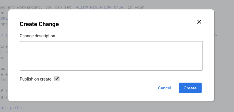 Boîte de dialogue "Create change" (Créer une modification)